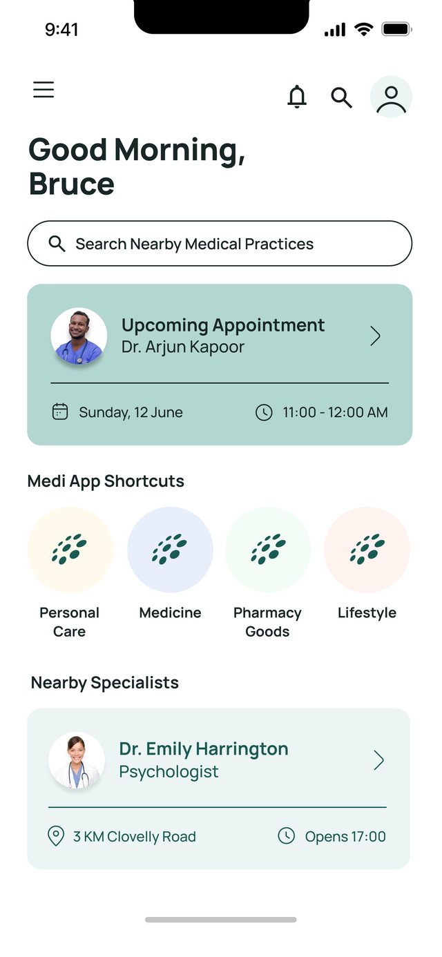 Medi App home screen mockup showing an upcoming appointment, shortcuts and nearby specialists