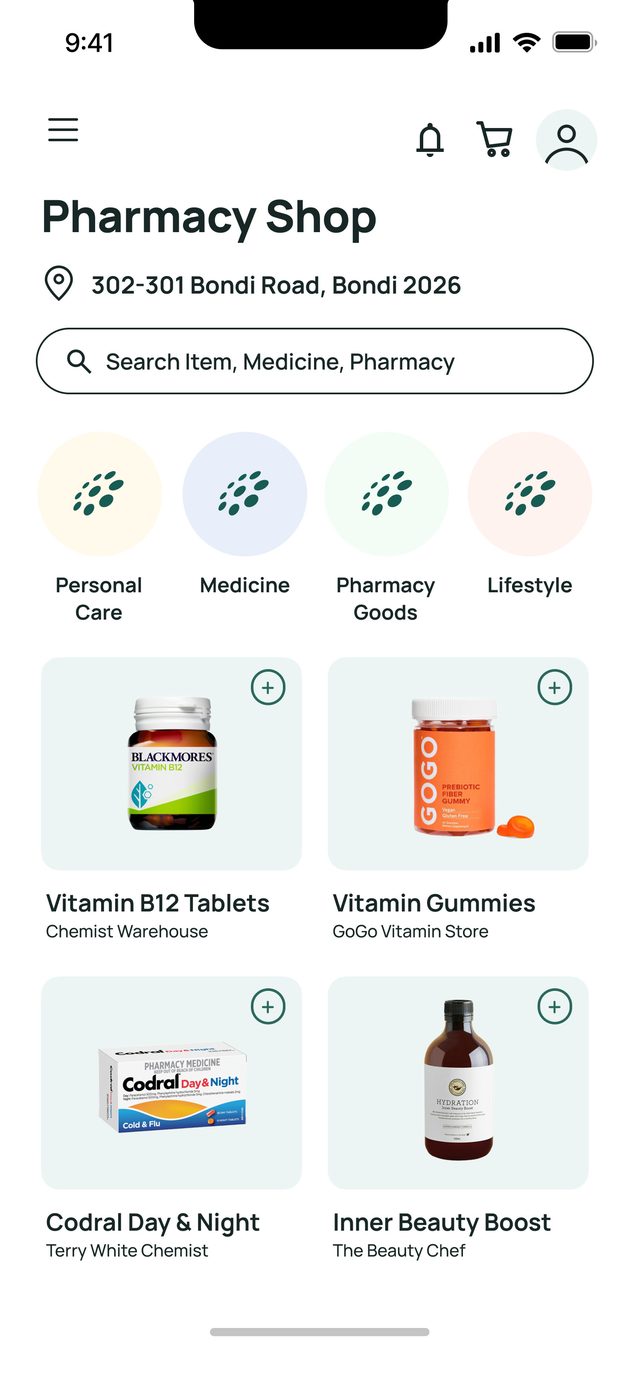 Medi App pharmacy shop screen mockup listing vitamins and pharmacy goods