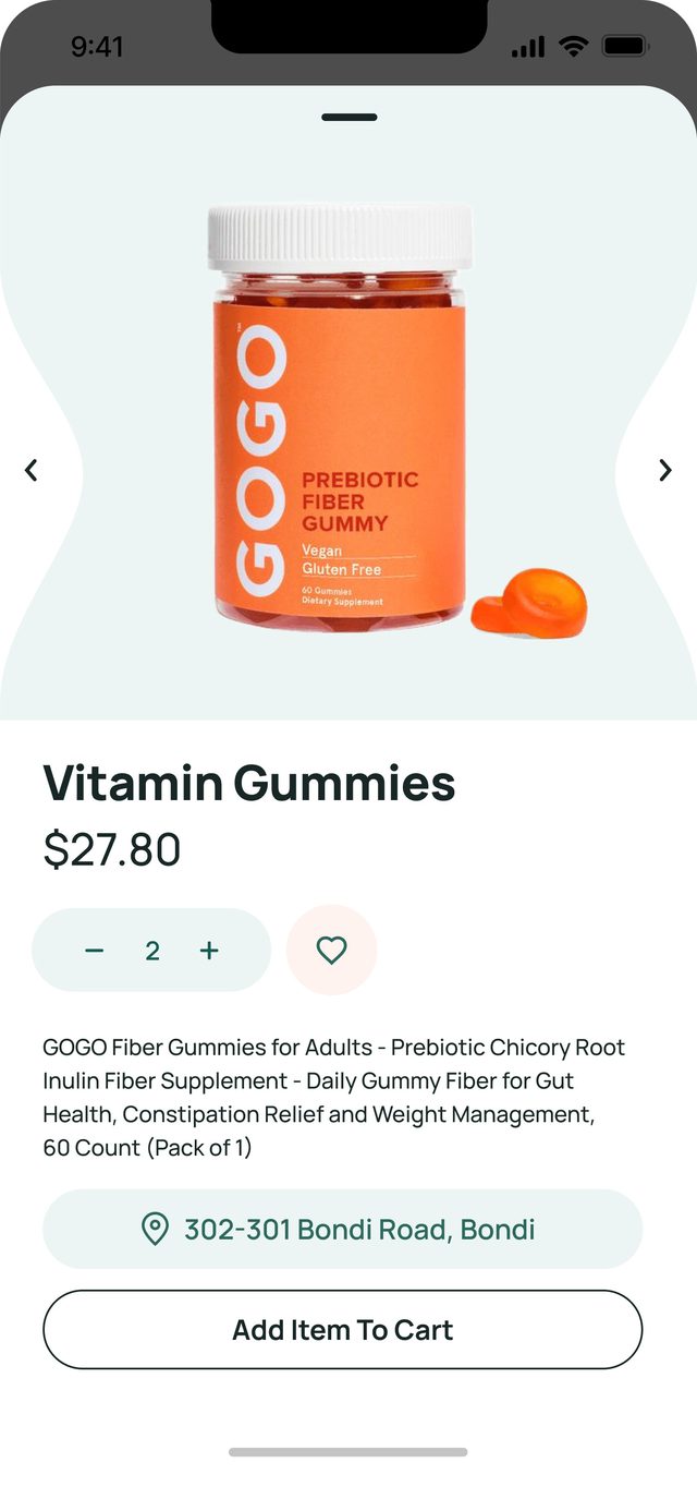 Medi App product screen mockup for vitamin gummies with an add to cart button